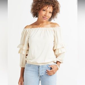 Evereve Cory Knit Ruffle Off Shoulder top beige XS neutral eyelet detail